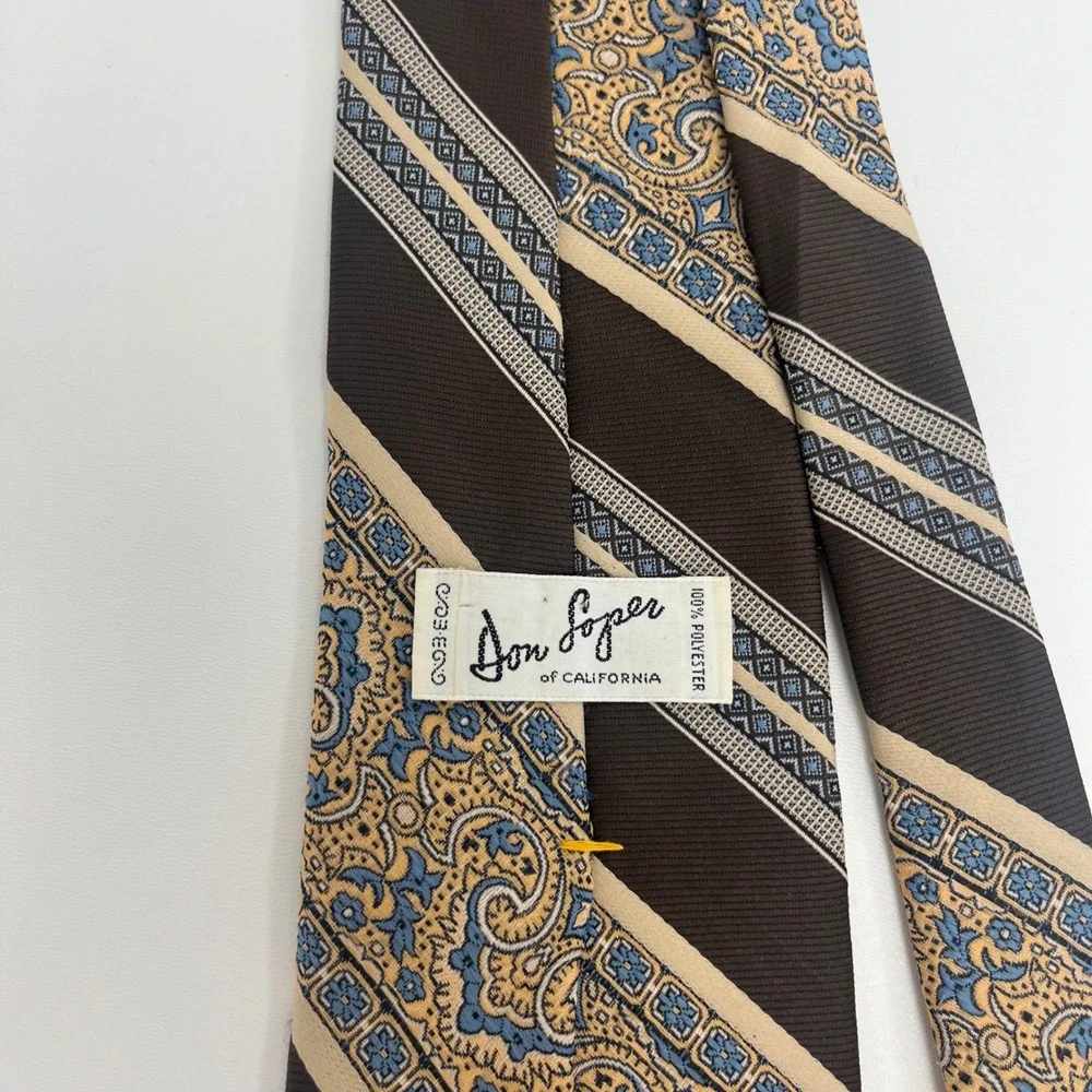 VTG Don Loper MCM Brown Peach Blue Floral Paisley Striped Beverly Hills Tie 70's